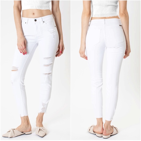 Kan Can White Distressed Frayed Hem Skinny Jeans - Picture 3 of 4